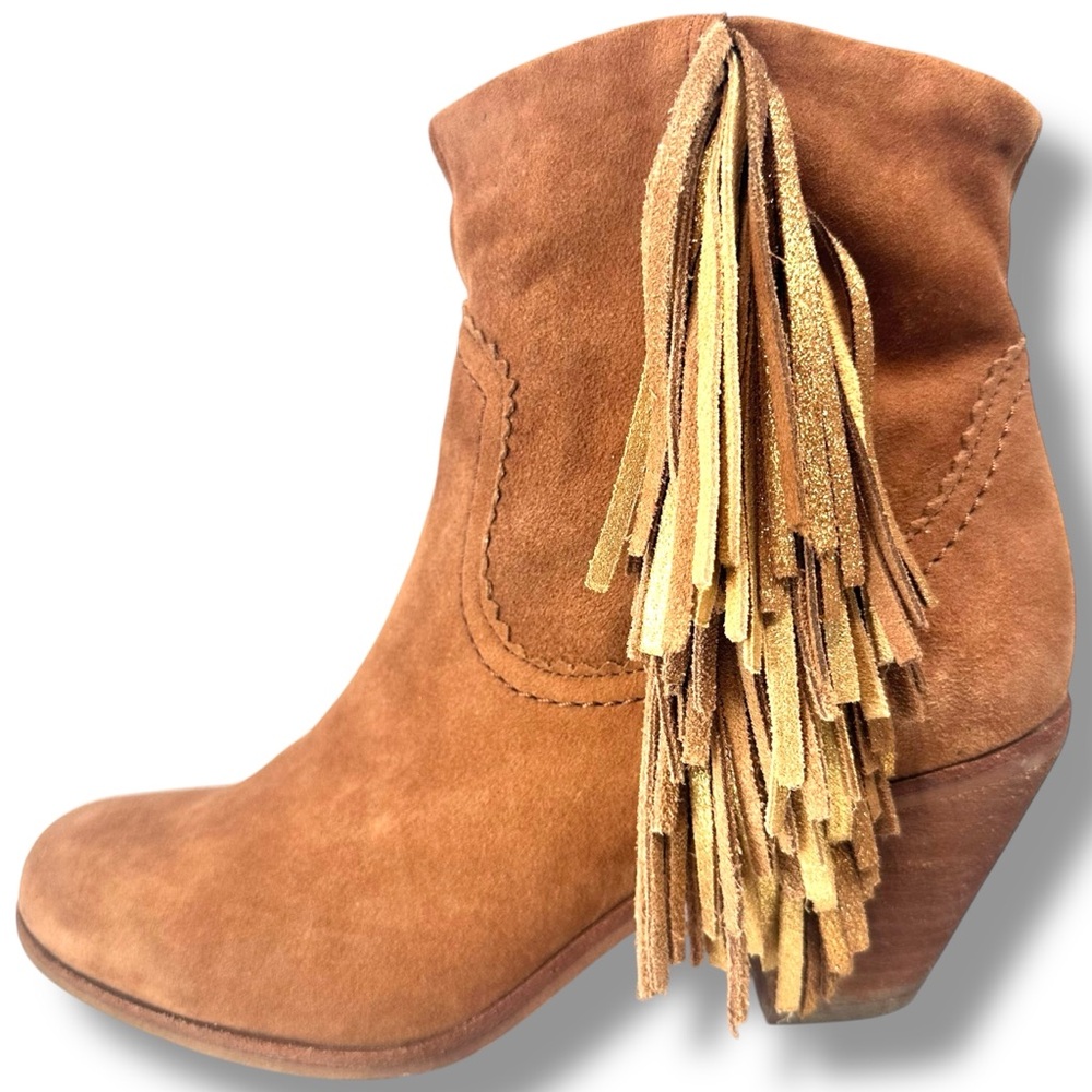 Sam Edelman Louie Womens Tan Suede Metallic Gold Fringe Booties Side Zip Sz 7.5 - Picture 3 of 16